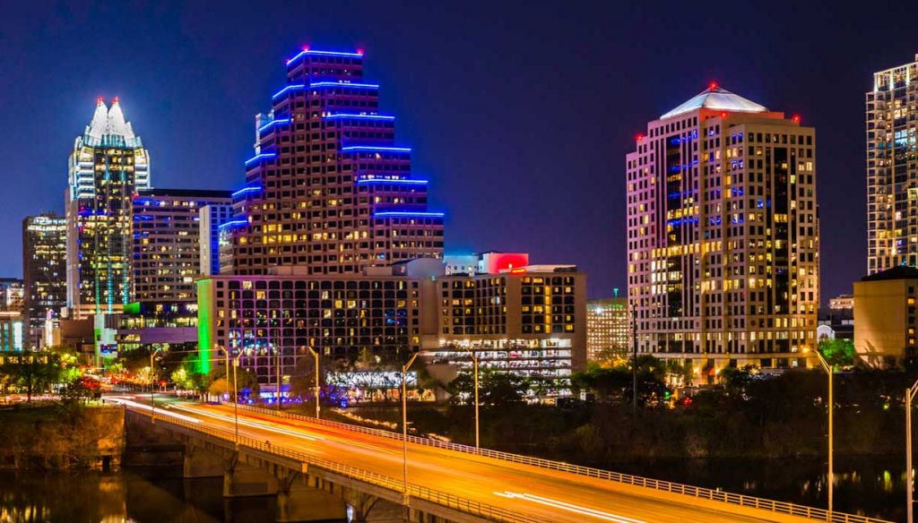 nighttime view of downtown Austin Texas