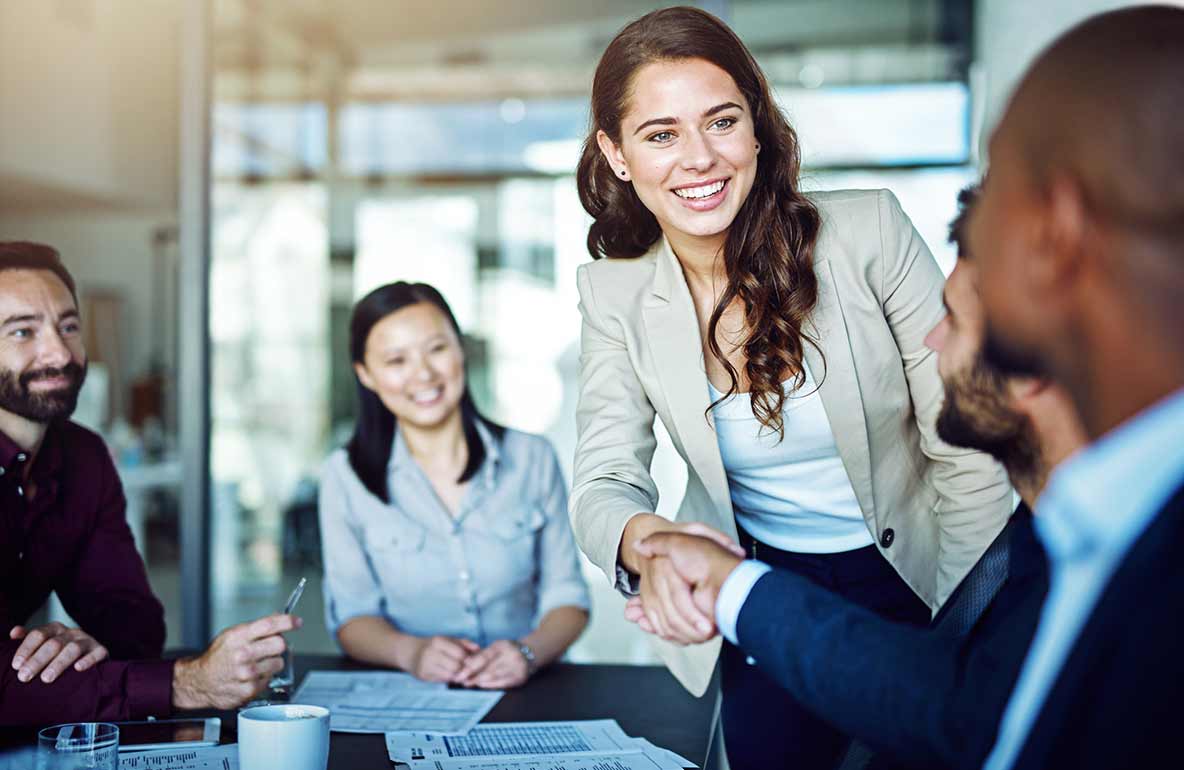 woman shaking hands during meeting