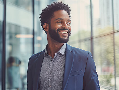 smiling man in a suit in an office